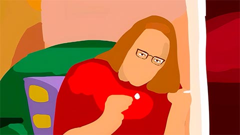 A close-up of a man blowing out a match in a flat comic-book style rendering